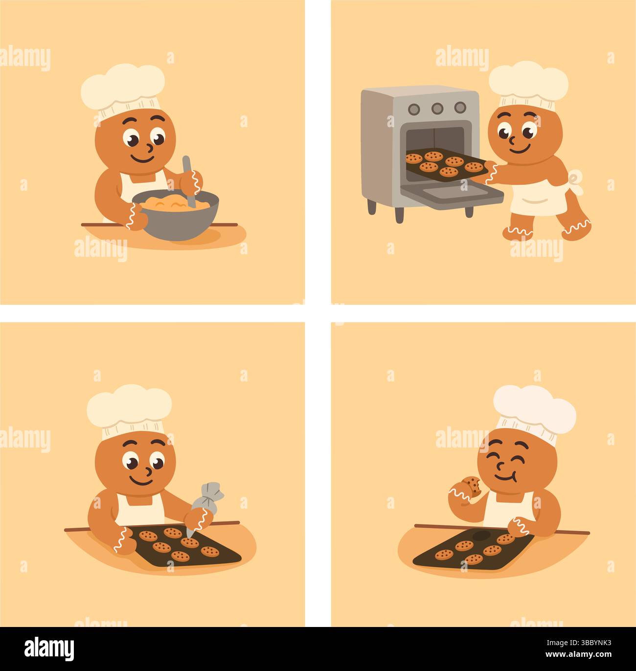 Processo di cottura dei biscotti al pan di zenzero. Carino set di illustrazioni natalizie Illustrazione Vettoriale