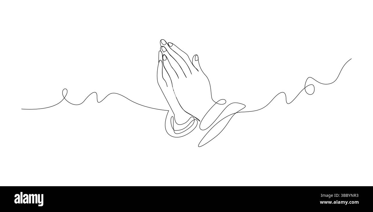 Mano di preghiera continua illustrazione vettoriale in stile grafico su una linea. Illustrazione Vettoriale