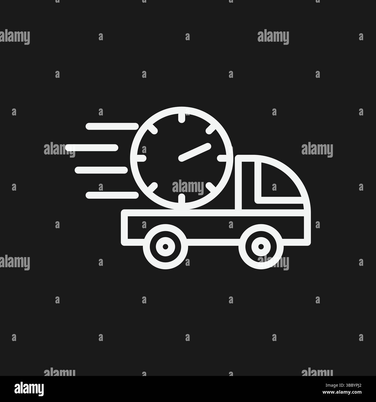 Icona di consegna rapida illustrazione del profilo semplice vettoriale del dumper con grafico linee di orologio e velocità Illustrazione Vettoriale