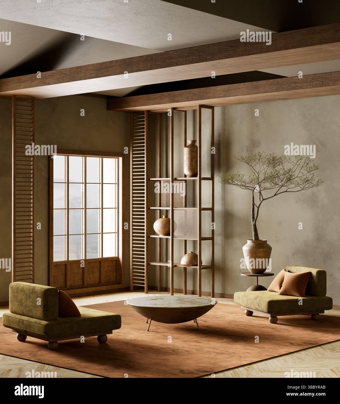 Uno spazio abitativo sereno e minimalista con toni terrosi, illuminazione soffusa e decor di ispirazione Giapponese caratterizzato da tessuti naturali, mobili bassi ed eleganti Foto Stock