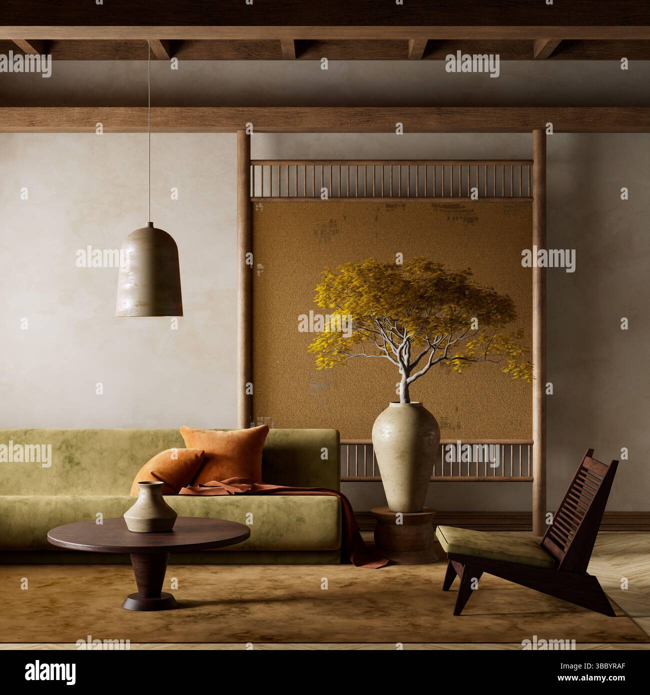 Camera moderna con tonalità terrose, posti a sedere bassi e vasi in ceramica. Un albero in vaso e decorazioni di ispirazione giapponese creano un'atmosfera tranquilla, elegante e minimalista Foto Stock