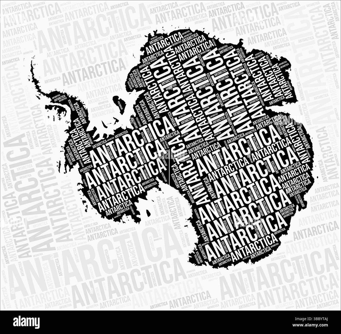 Le regioni dell'Antartide mappano le nuvole di parole. Nomi delle regioni dell'Antartide. Design della mappa in bianco e nero. Incredibile illustrazione vettoriale. Illustrazione Vettoriale