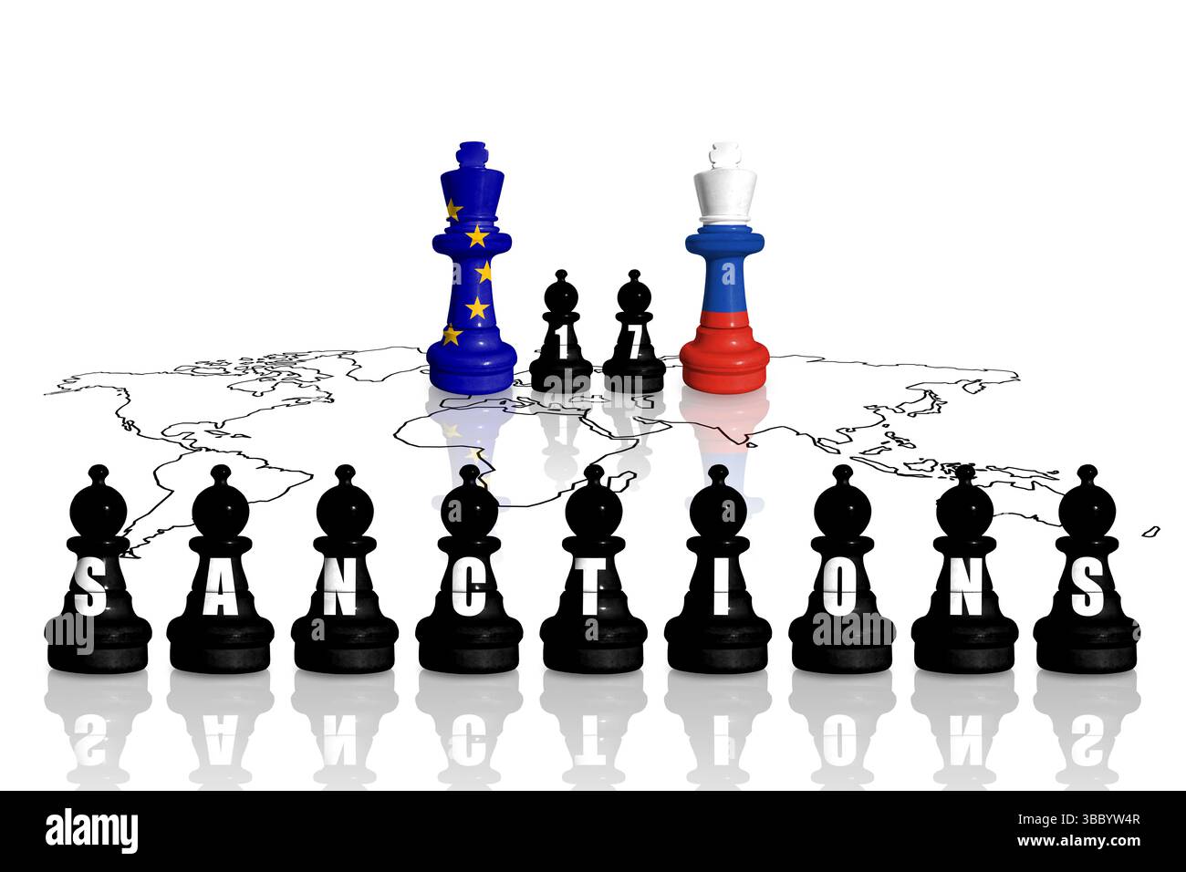 Sanzioni e embargo dell'Unione europea per la guerra russa e l'aggressione in Ucraina. Scacchi fatti con bandiere dell'UE e della Russia. Foto Stock