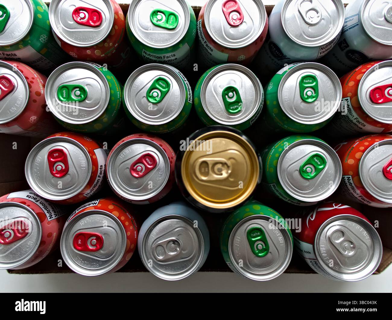 Una fila di lattine di soda con una lattina di dieta Pepsi al centro. Le lattine sono allineate in fila e la lattina della dieta Pepsi è l'unica che non è verde Foto Stock Una fila di lattine di soda con una lattina di dieta Pepsi al centro. Le lattine sono allineate in fila e la lattina della dieta Pepsi è l'unica che non è verde Foto Stock
