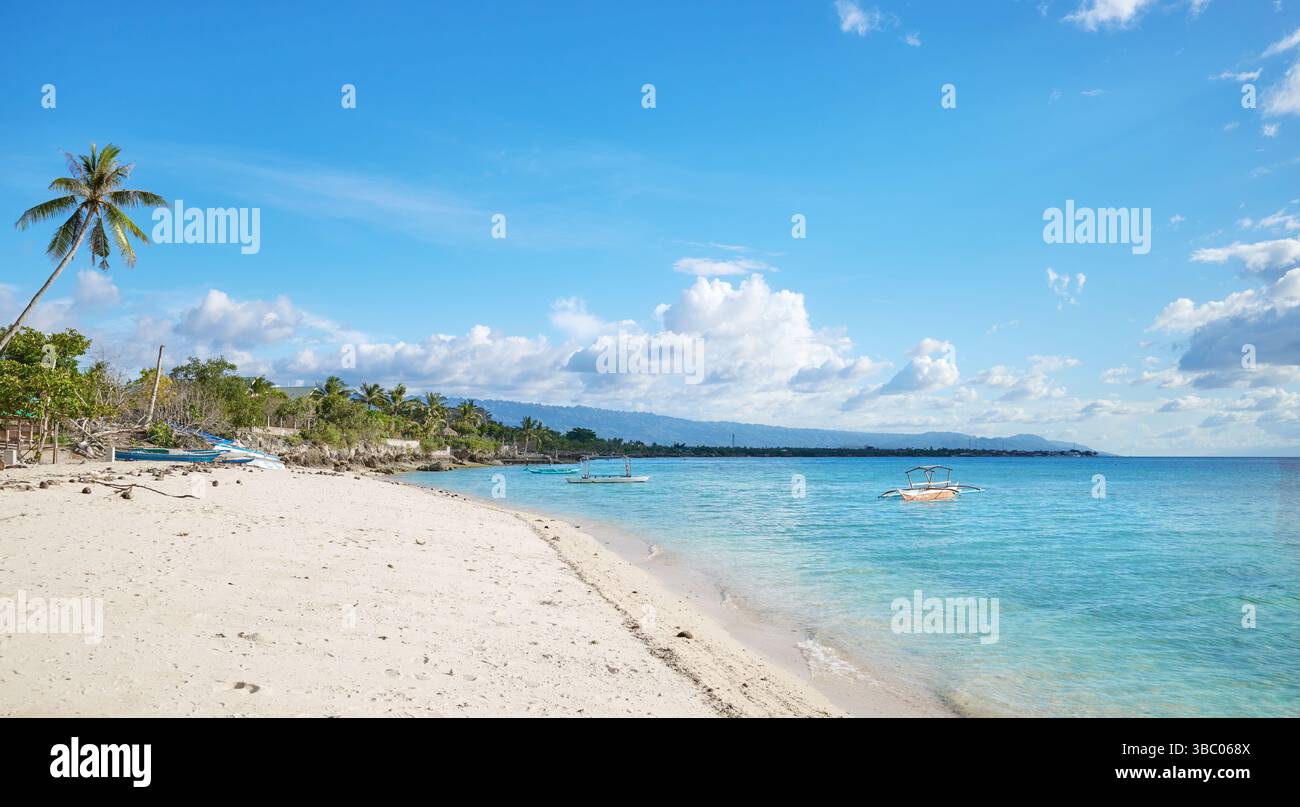Spiaggia tropicale con palme e mare turchese, perfetto concetto di vacanza estiva. Foto Stock