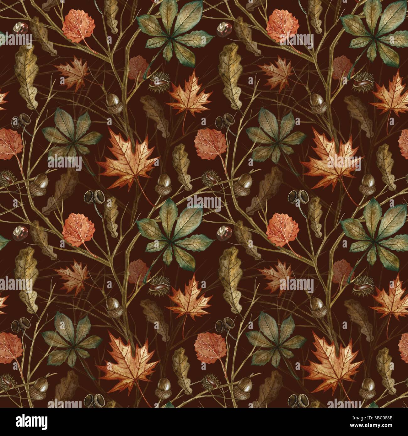 Motivo senza cuciture con varie foglie e rami autunnali. Illustrazione ad acquerello fatta a mano. Un'immagine a colori su uno sfondo scuro. Per l'imballaggio, l'arredamento Foto Stock