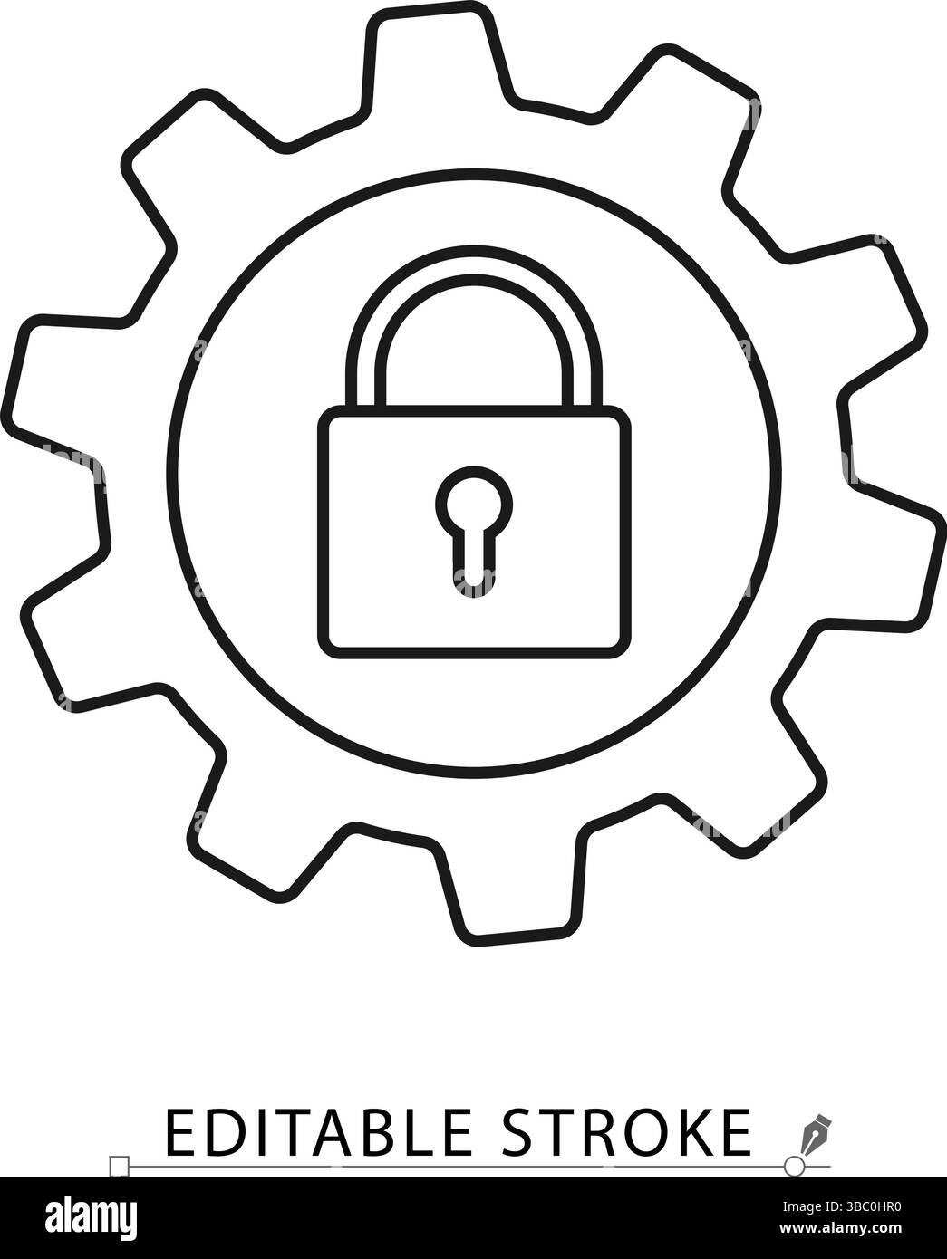 Icona delle impostazioni di sicurezza con lucchetto chiuso all'interno dell'attrezzatura, con contorno nero minimo su sfondo bianco. Vettore traccia modificabile per il controllo dell'accesso Illustrazione Vettoriale