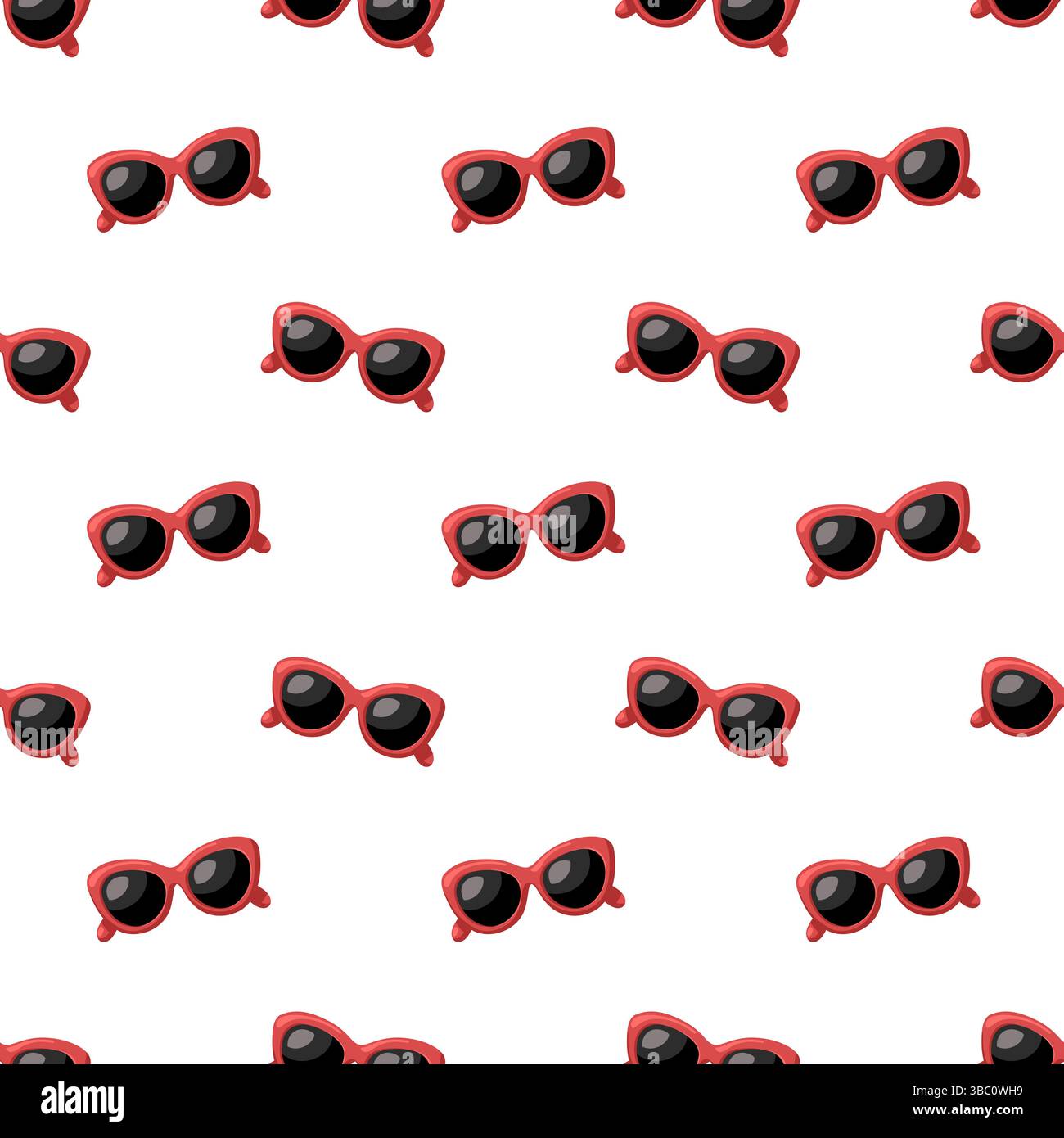 Motivo senza cuciture con occhiali da sole rosso cartoni animati. Sfondo vettoriale estivo per il design di abbigliamento da spiaggia, packaging e accessori. Illustrazione Vettoriale