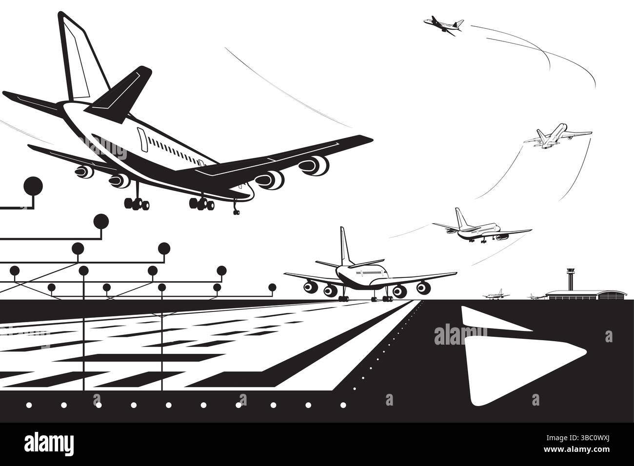 Aerei passeggeri che atterrano e decollano sulla pista aeroportuale – illustrazione vettoriale Illustrazione Vettoriale