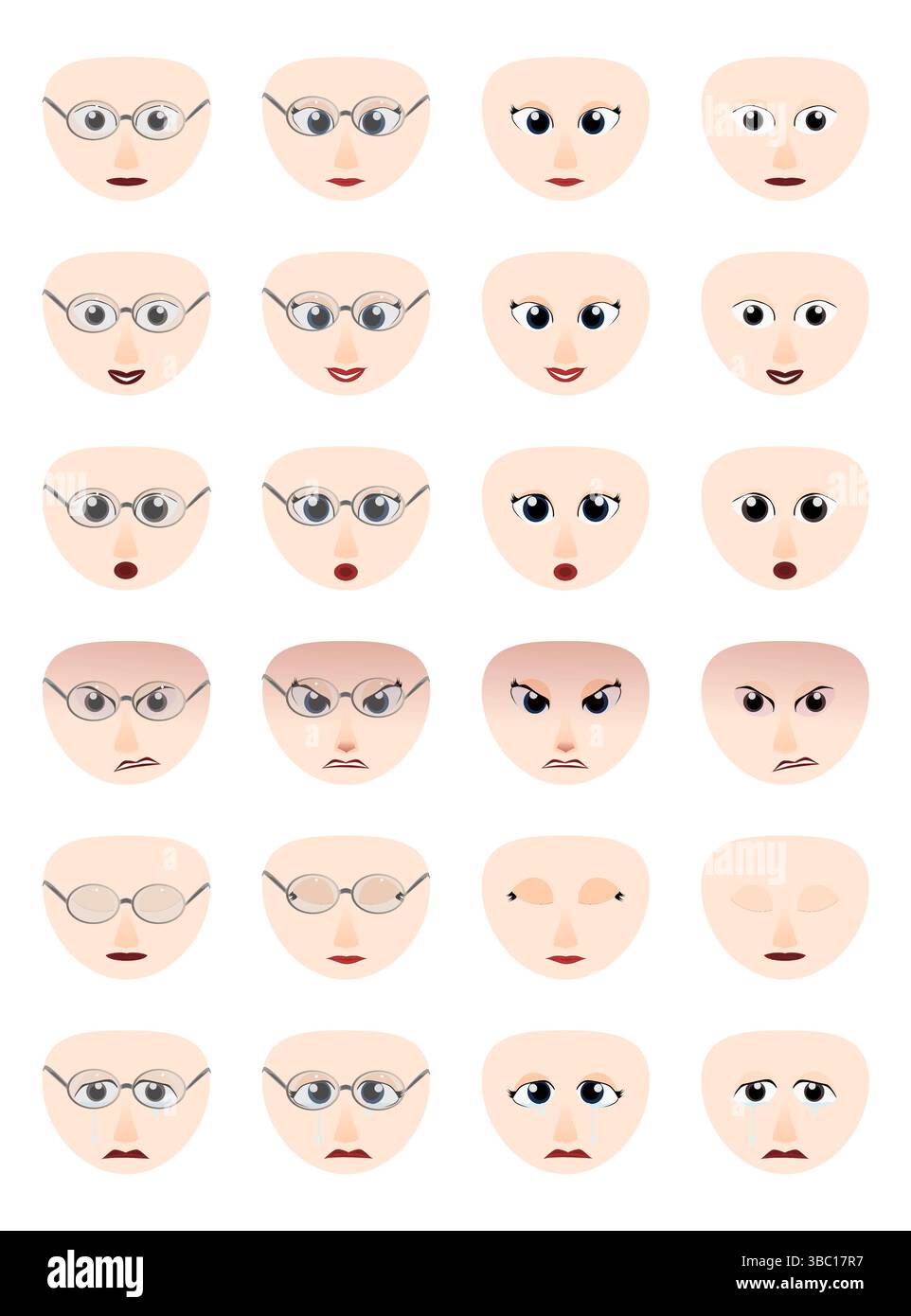 Volti carini con espressioni facciali per scopi legati al web e ai personaggi dei cartoni animati. Illustrazione Vettoriale