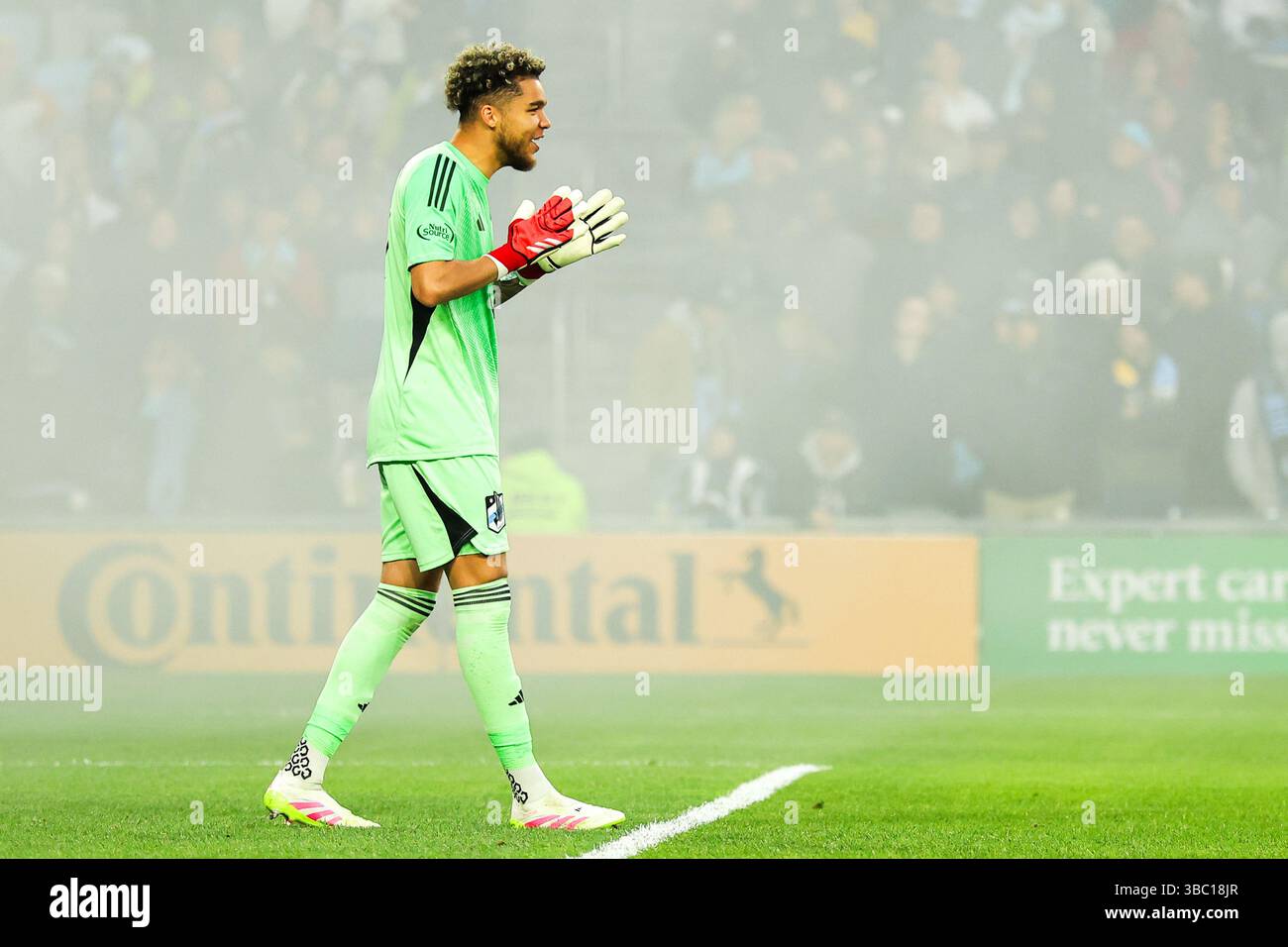 17 maggio 2025: Il portiere del Minnesota United Dayne St. Clair (97) festeggia dopo un gol dell'attaccante del Minnesota United Tani Oluwaseyi (14) durante una partita di calcio MLS tra St. Louis City e Minnesota United FC all'Allianz Field di St. Paul. Steven Garcia-CSM. Foto Stock