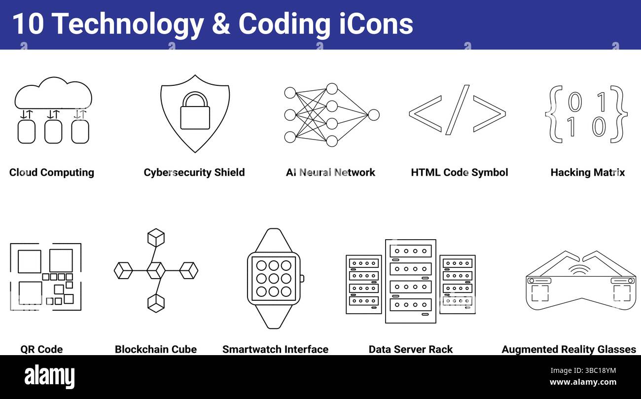 10 Set di icone di tecnologia e codifica Illustrazione Vettoriale