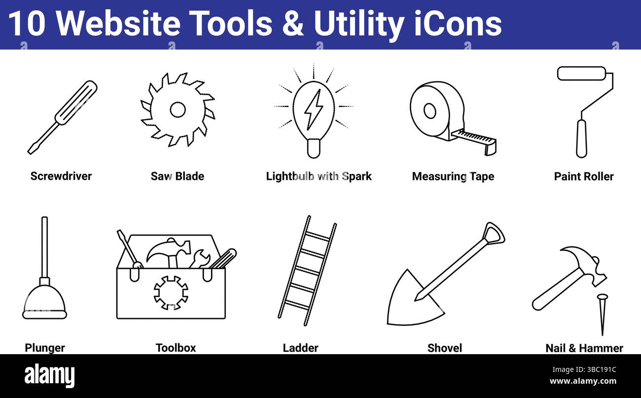 10 set di icone strumenti e utilità del sito Web Illustrazione Vettoriale