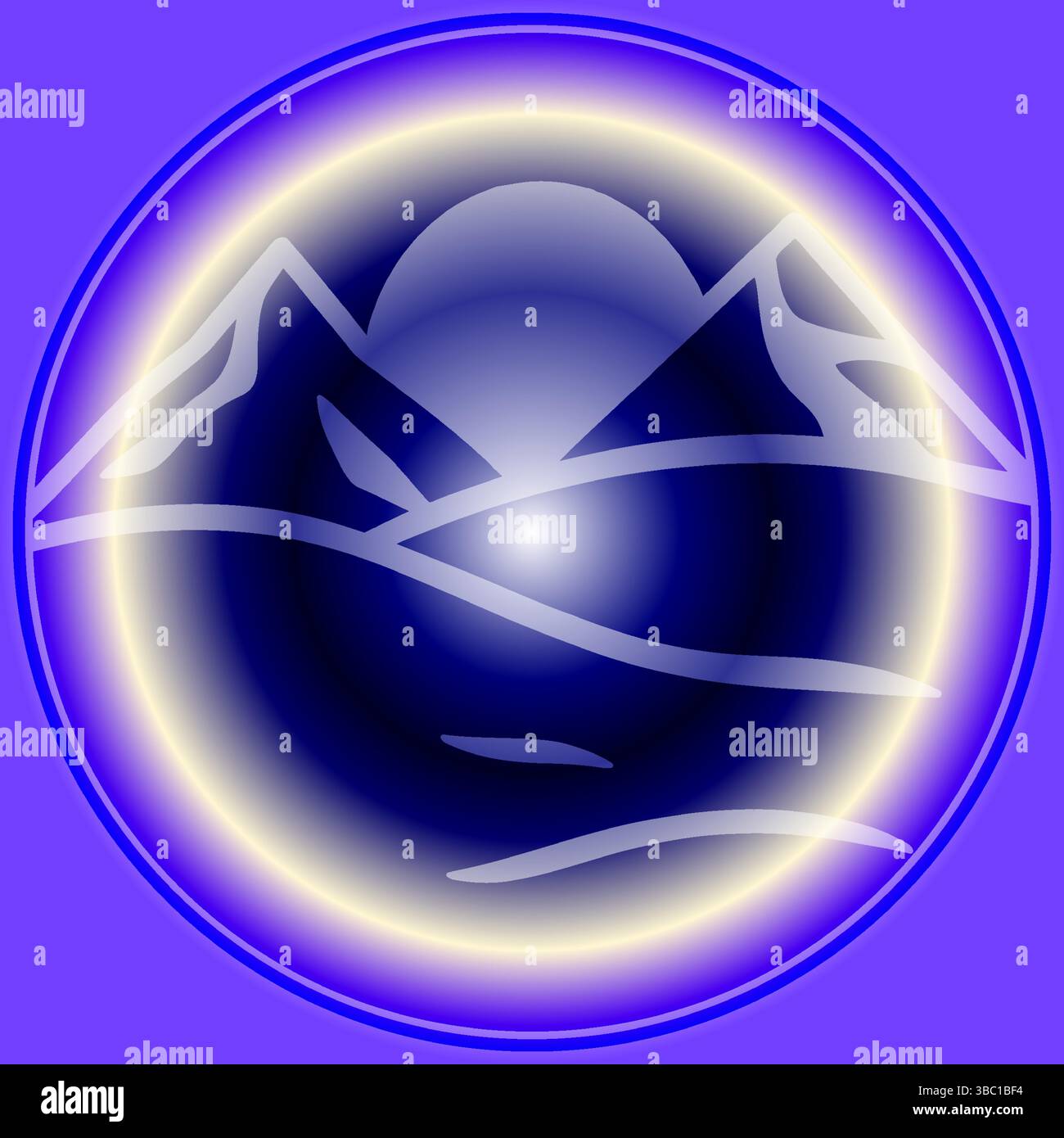 Icona del viaggio in montagna – cime brillanti astratte in un globo futuristico Illustrazione Vettoriale