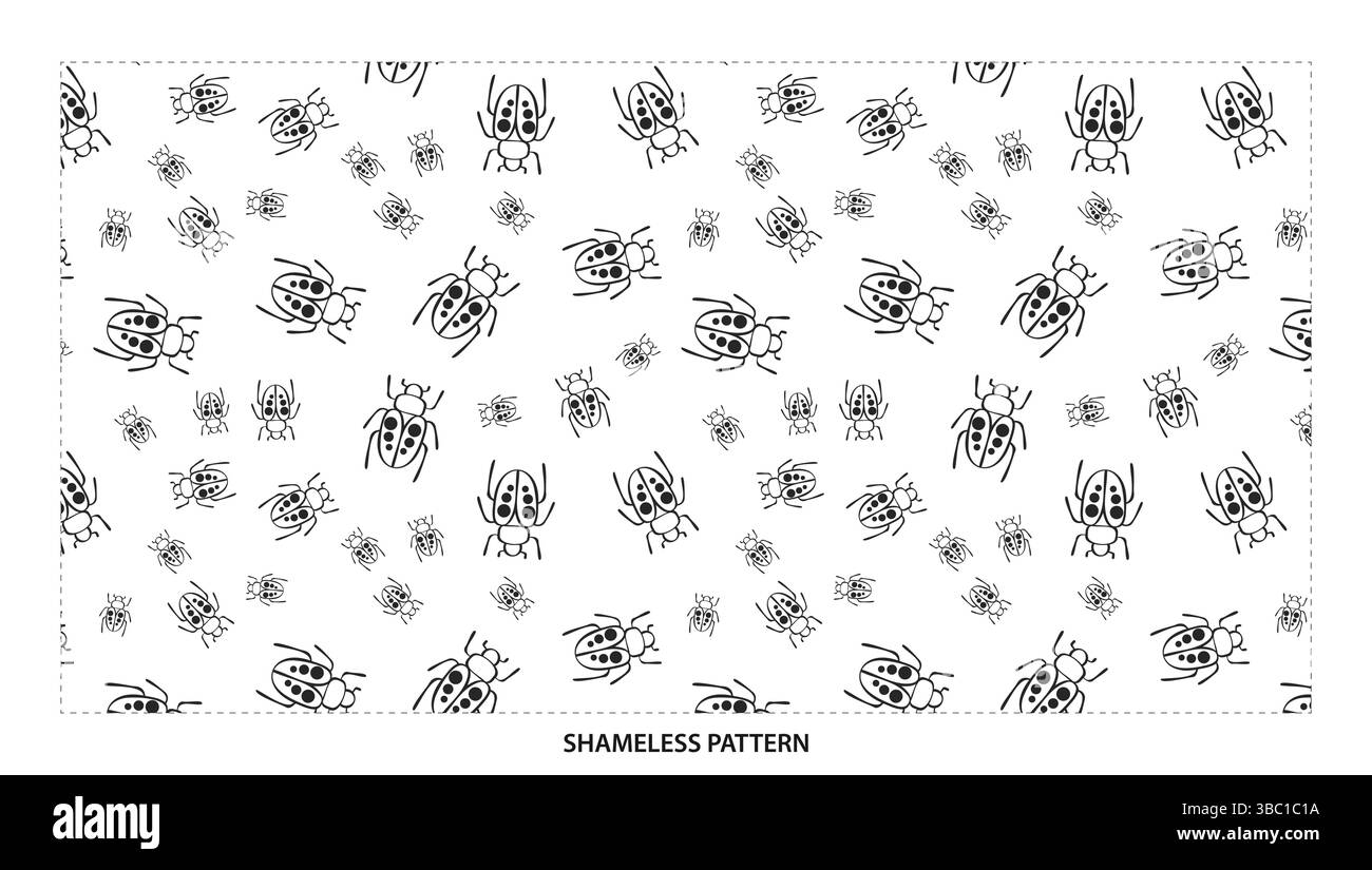 Semplice motivo senza cuciture per Beetle Ladybug bianco e nero per disegni naturali Illustrazione Vettoriale