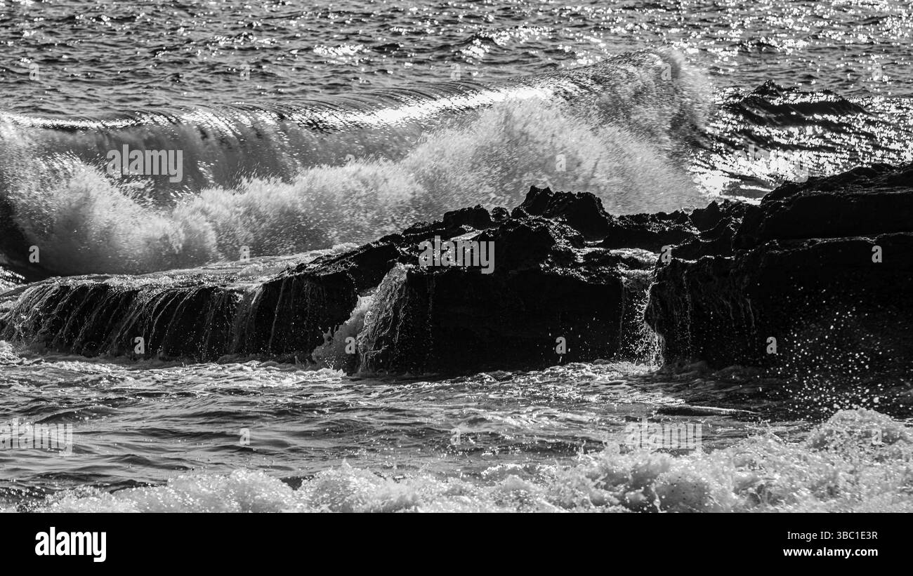 Costa rocciosa frastagliata sulla spiaggia di Stecci, fotografia in bianco e nero, vicino a Capoliveri, Isola d'Elba, Parco Nazionale dell'Arcipelago Toscano, Toscana, Italia, Europa Foto Stock