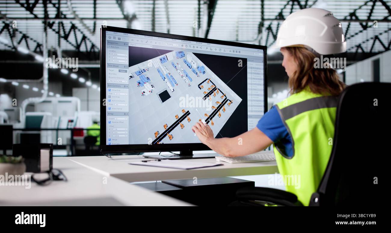 Mappatura ingegneristica del layout di macchinari per una nuova fabbrica utilizzando un modello 3D. Foto Stock