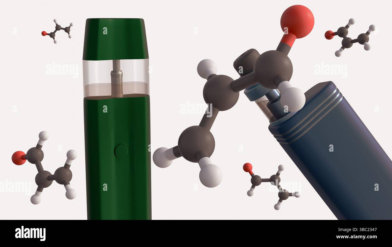 Rendering 3d di sigaretta elettronica o vape con modelli molecolari fluttuanti di acroleina. Foto Stock