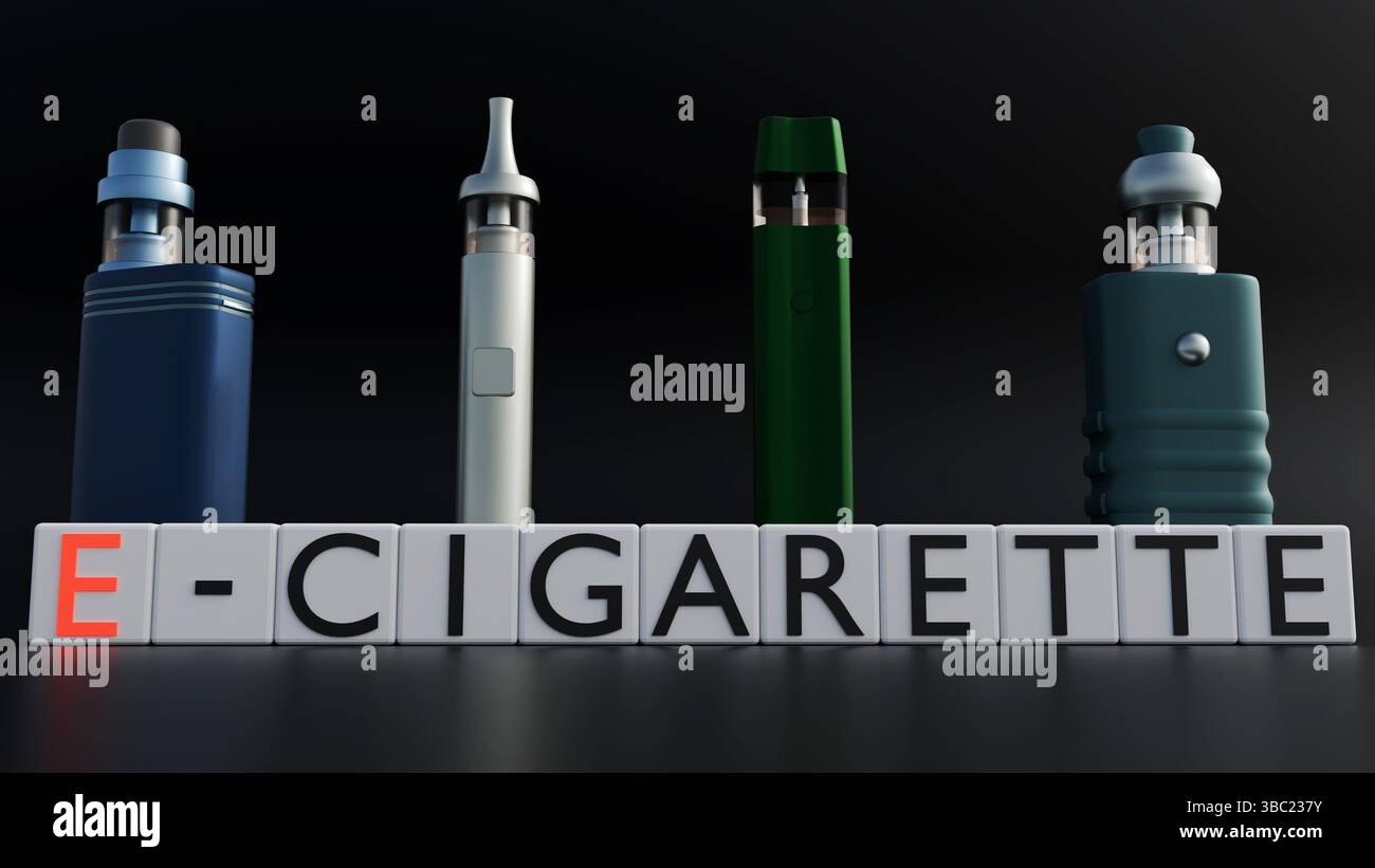 Rendering 3d di sigaretta elettronica o vape con modelli molecolari fluttuanti di acroleina. Foto Stock