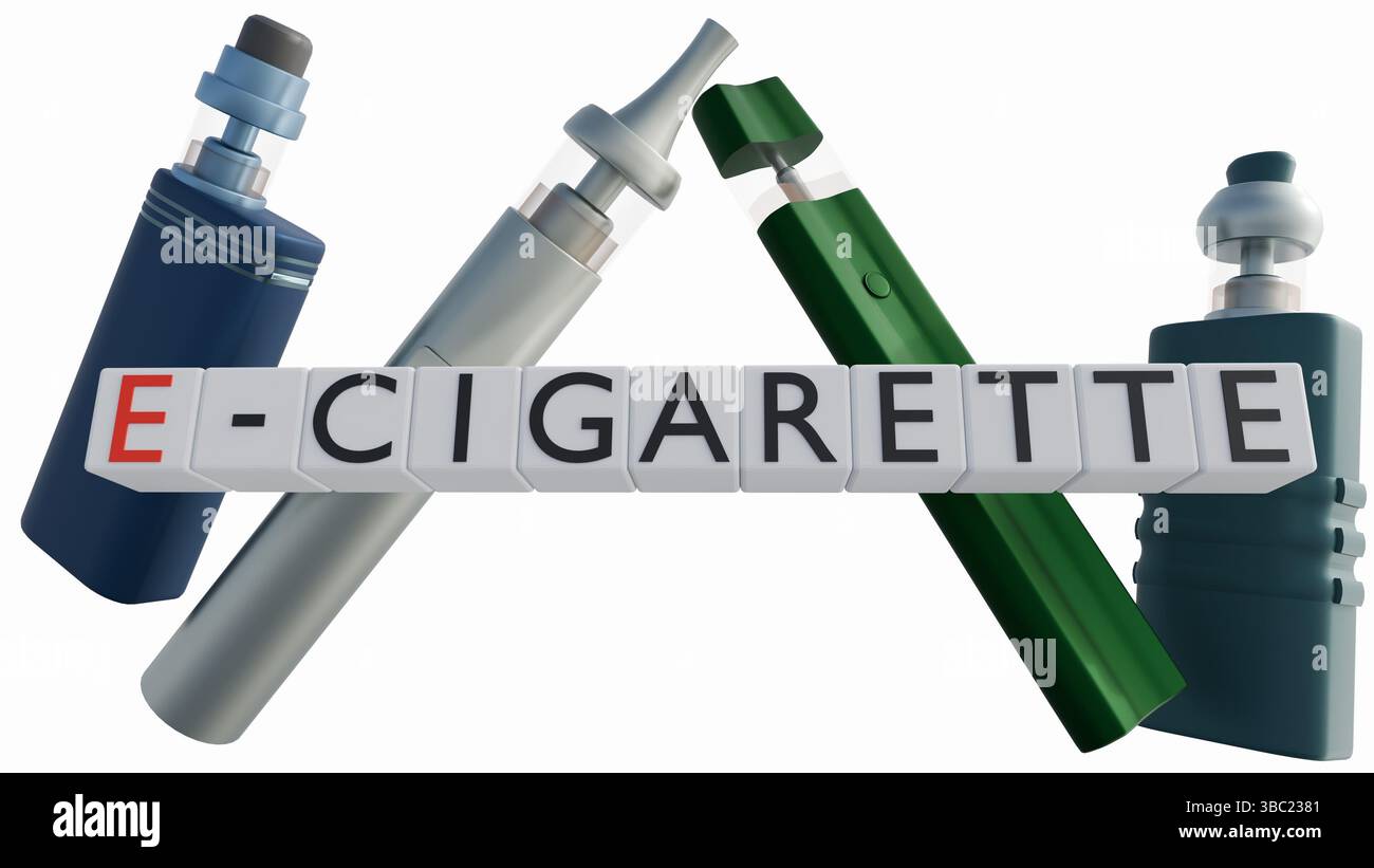 Rendering 3d di sigaretta elettronica o vape con modelli molecolari fluttuanti di acroleina. Foto Stock