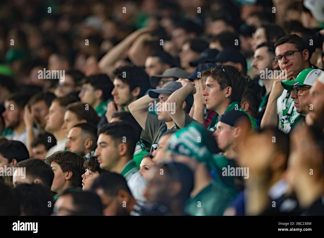 17 maggio 2025; Stade Geoffroy Guichard, Saint Etienne, Francia, Ligue 1 francese, Saint Etienne contro Tolosa; i tifosi DELL'ASSE sembrano delusi mentre la loro squadra rimane indietro nel gioco Foto Stock