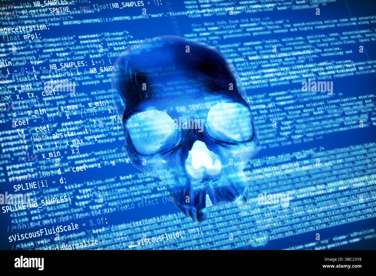 cranio umano che emerge da un codice informatico, concetto di attacco cibernetico, ransomware, attacco hacker Foto Stock