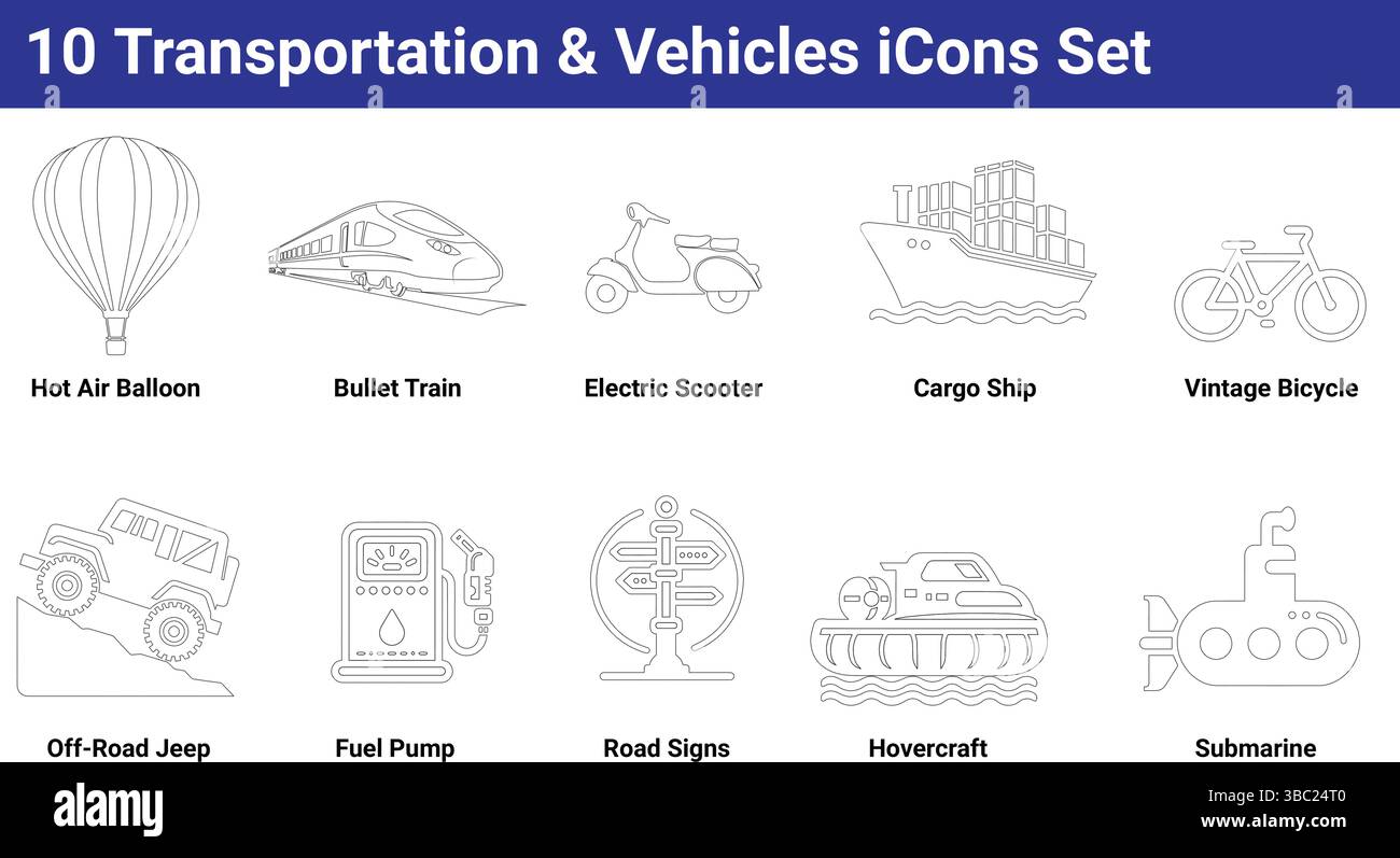 Set di 10 icone per trasporti e veicoli – stile di contorno minimo per i temi di viaggio, consegna e mobilità Illustrazione Vettoriale