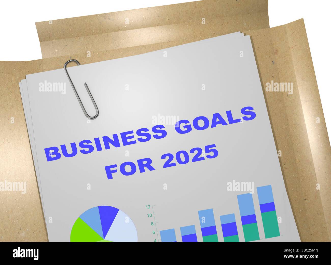 Illustrazione 3D del titolo "OBIETTIVI AZIENDALI PER il 2025" sul documento aziendale Foto Stock