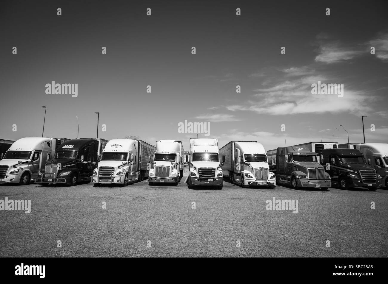 Camion parcheggiati presso una fermata lungo l'Interstate 5, i-5, in California, Stati Uniti. Immagine in bianco e nero. Foto Stock