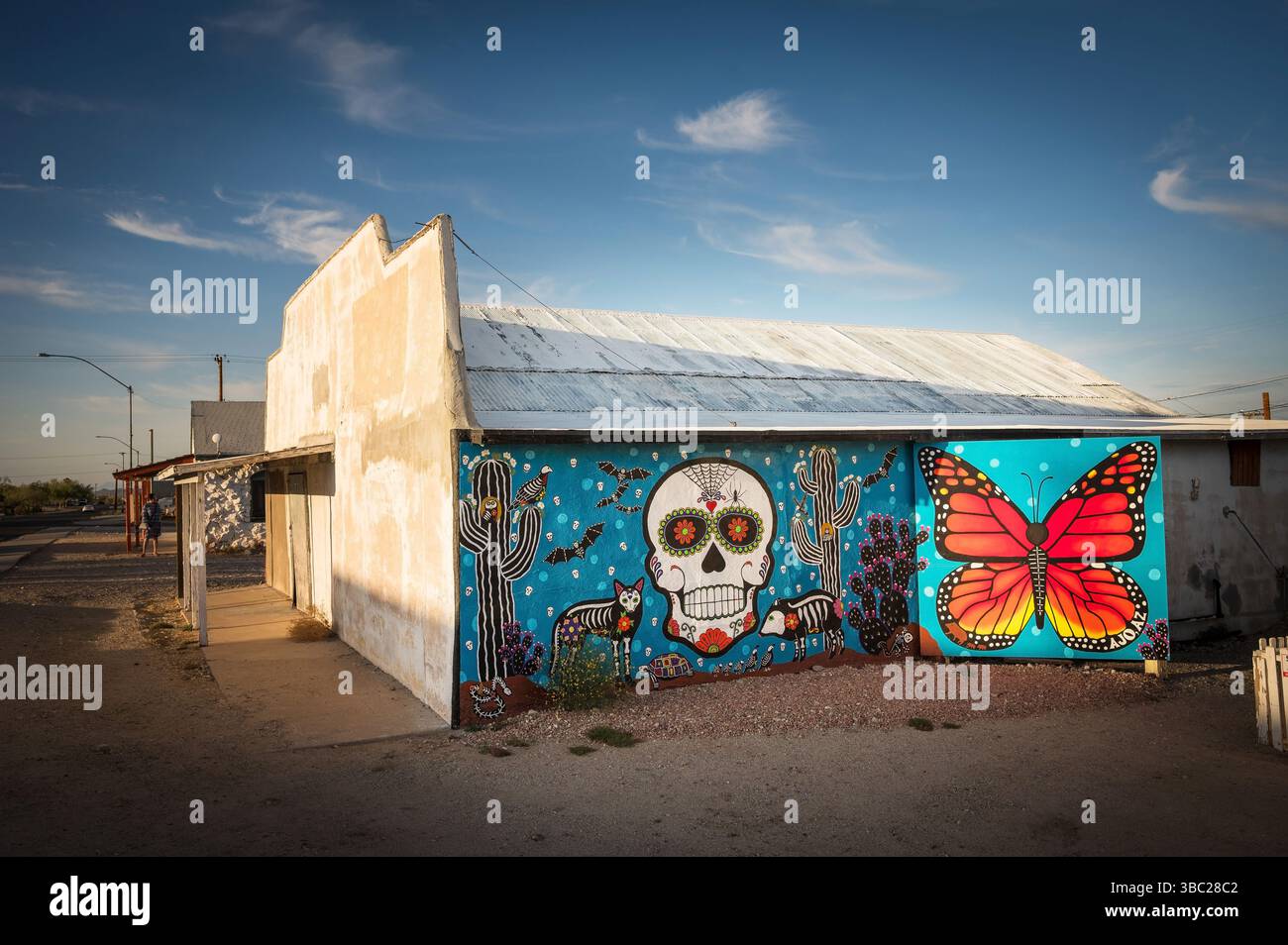 Murales del giorno messicano dei morti dipinti su un teatro abbandonato nella comunità artistica di Ajo Arizona, Stati Uniti. Foto Stock