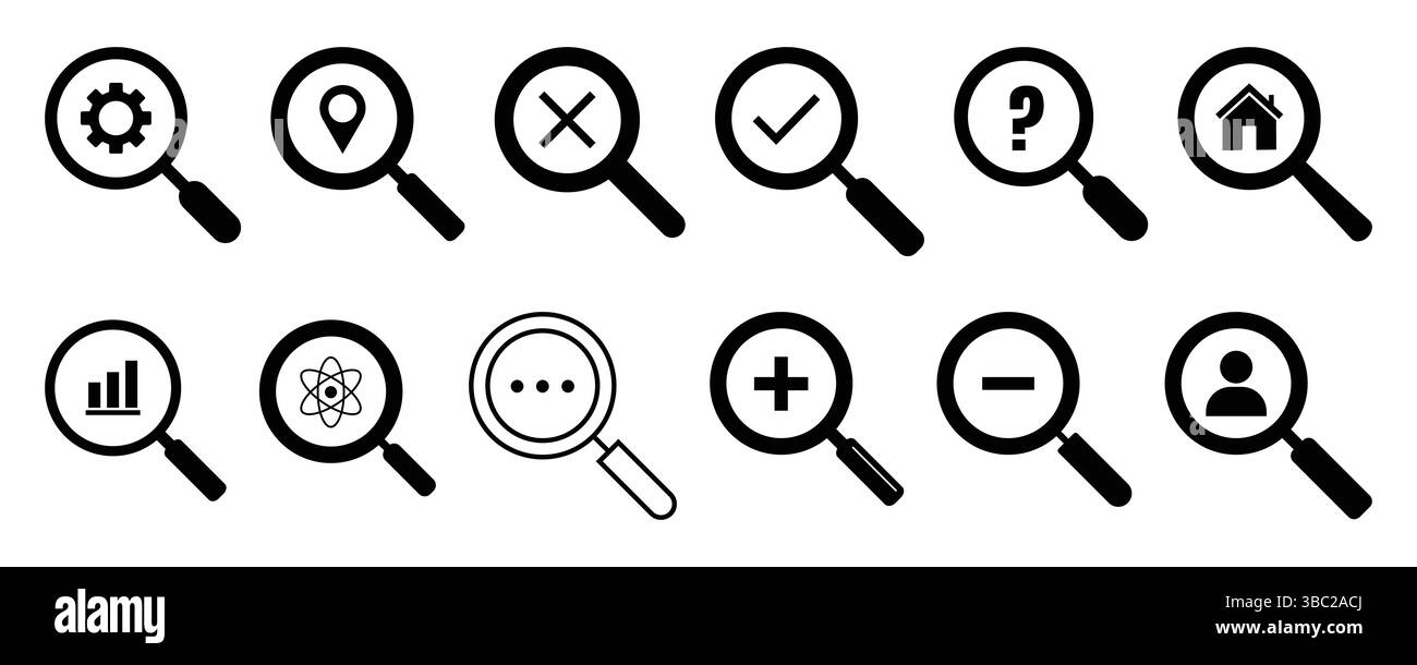 Set di icone di ricerca, lente di ingrandimento con utente, home, impostazione, segno di spunta, zoom avanti e indietro, posizione, grafico, icone di chat per progettazione Web e UI, vettore Illustrazione Vettoriale