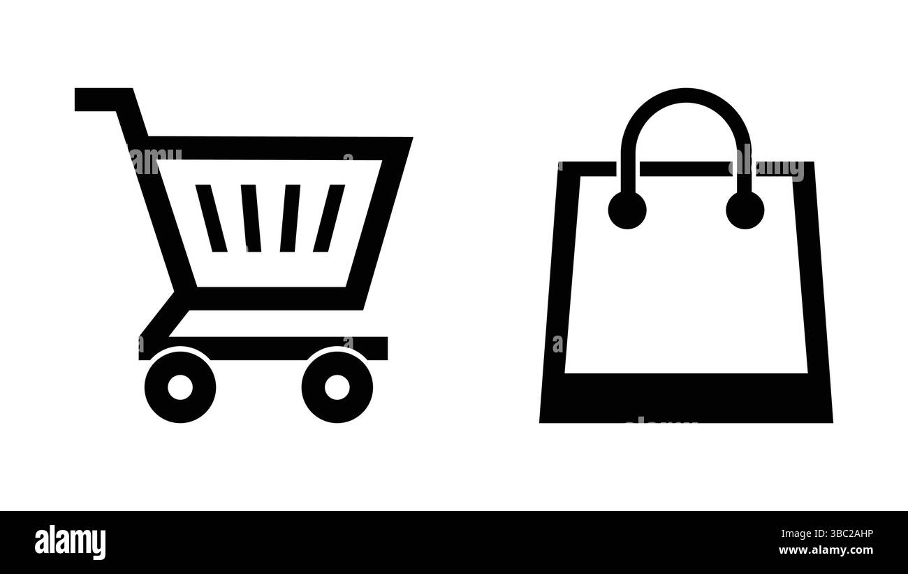 Carrello della spesa e icona della borsa con vettore impostato su sfondo bianco Illustrazione Vettoriale