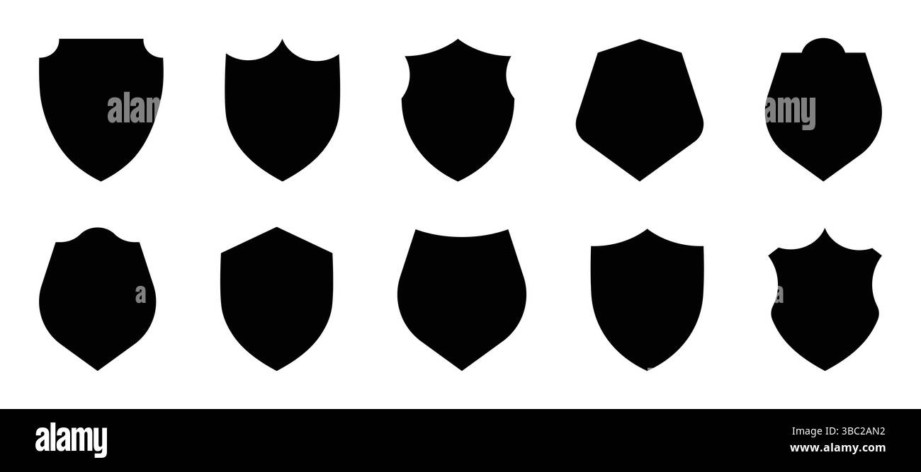 Illustrazione vettoriale della silhouette dello scudo e del set di icone del logo Illustrazione Vettoriale