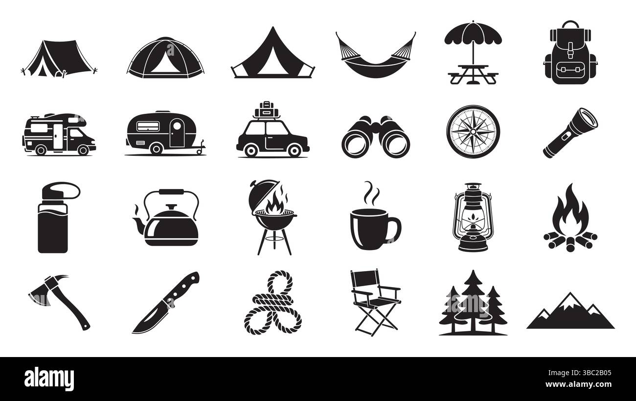 Set icona silhouette avventura campeggio, viaggi e attrezzature all'aperto, illustrazione vettoriale Illustrazione Vettoriale