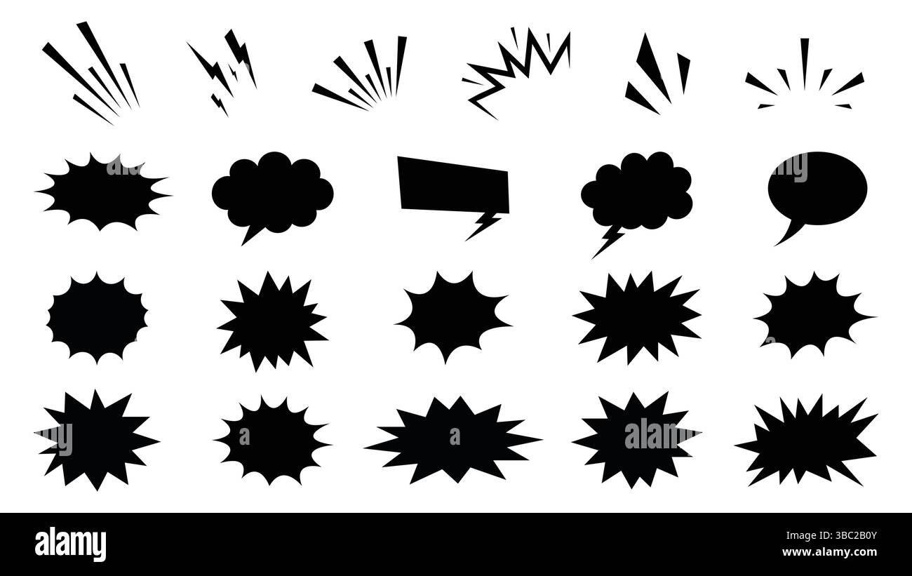 Vettoriale burst a fumetti retrò, elementi Boom e bolle vocali in stile nero per illustrazioni pop art Illustrazione Vettoriale