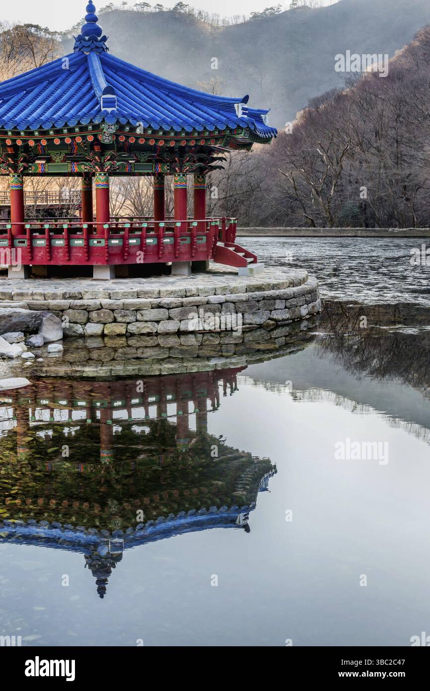 Jeongeup-si, Corea del Sud. 8 dicembre 2020: Padiglione per picnic con tetto in piastrelle blu su un'isola di pietra al centro di un piccolo laghetto Foto Stock