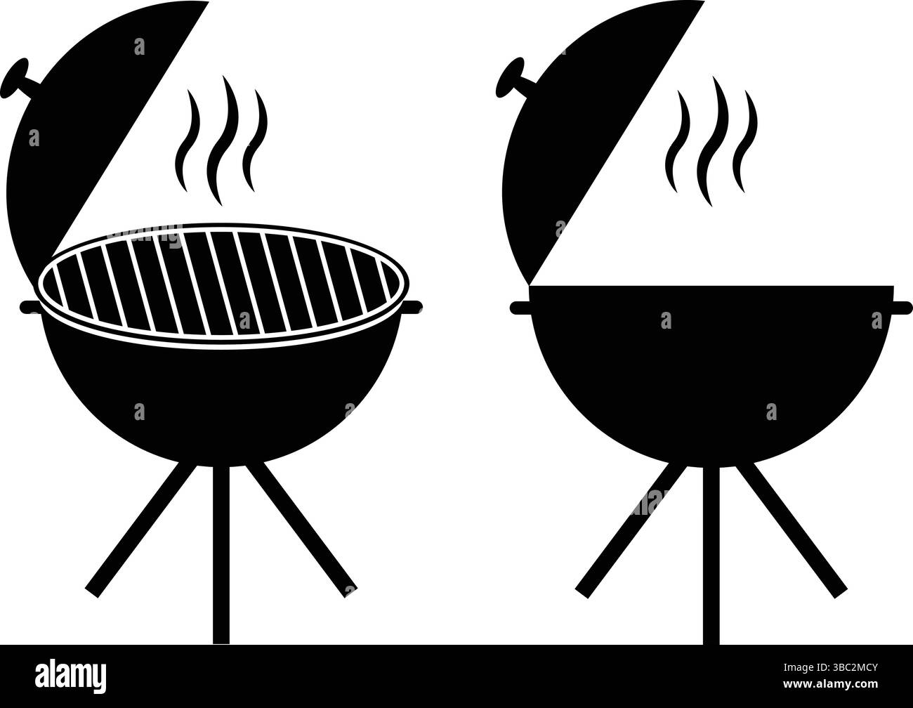 Due icone nere delle griglie per barbecue con linee a vapore, che simboleggiano il calore della cucina all'aperto Illustrazione Vettoriale