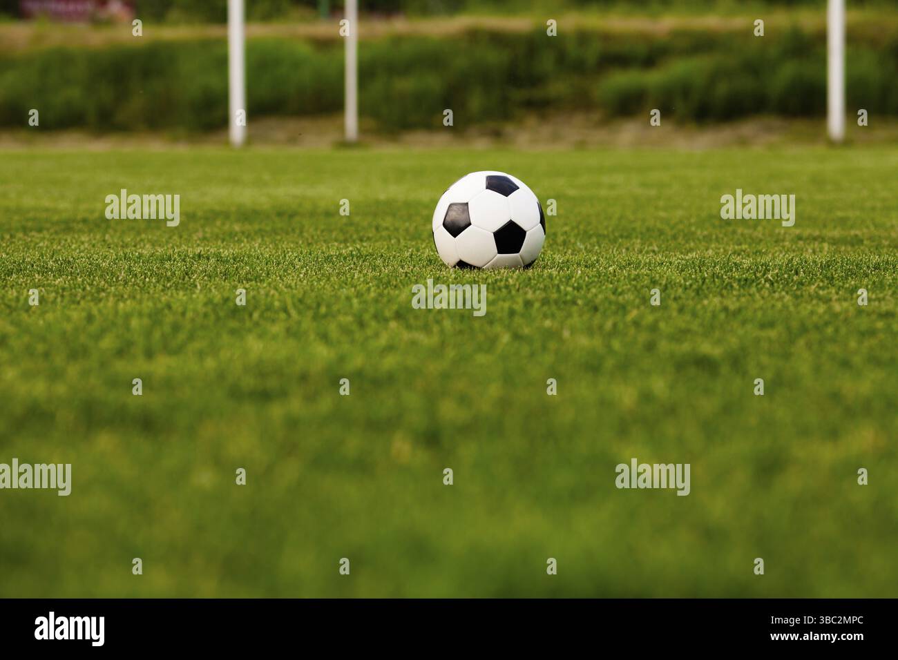 Pallone da calcio su un prato verde di close-up. Concetto - Calcio passione Foto Stock