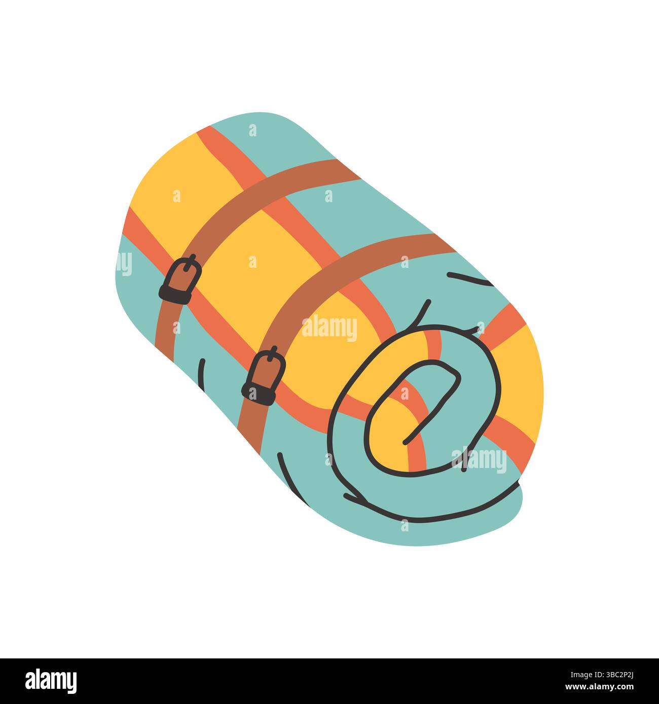 Semplice coperta da campo. Carino cartone animato disegnato a mano della coperta da campeggio. Adesivo per sacco a pelo da esterno vettoriale piatto in stile doodle colorato Illustrazione Vettoriale