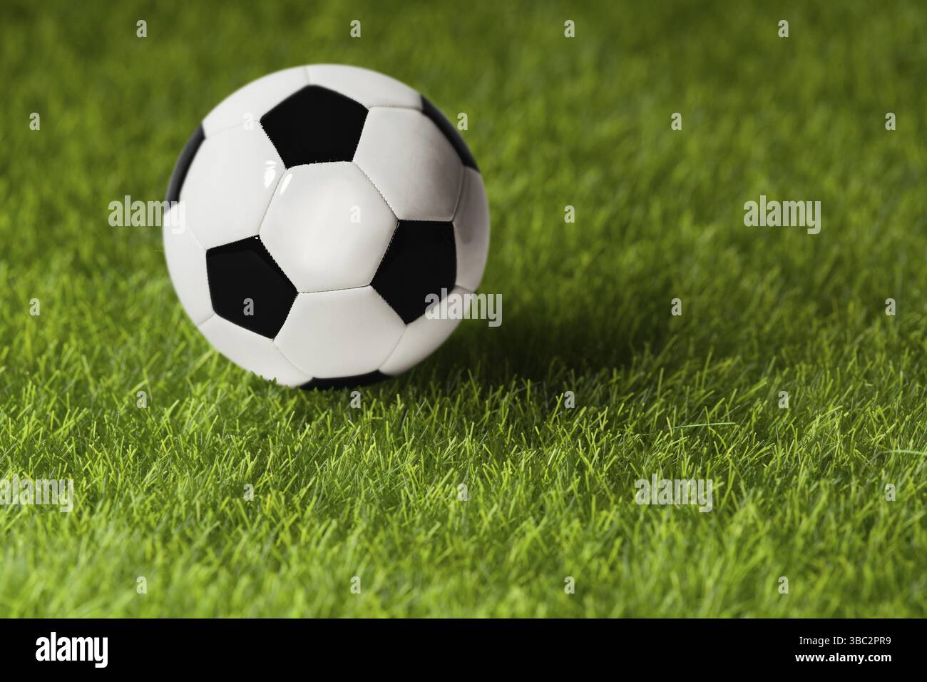 Pallone da calcio su un prato verde di close-up. Concetto - Calcio passione Foto Stock