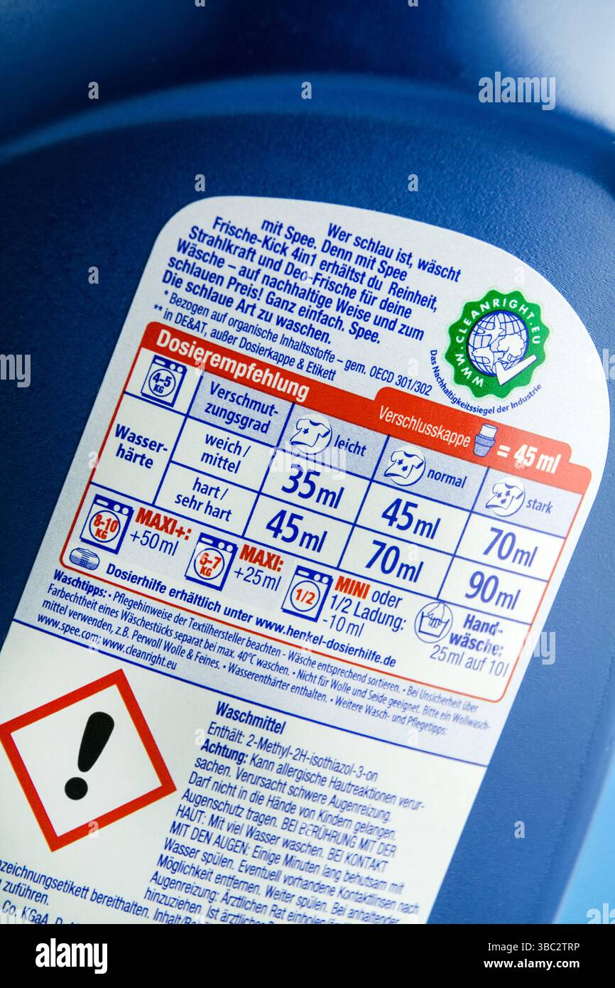 Dosierempfehlung und Informationen Waschmittel Spee von Henkel Foto Stock