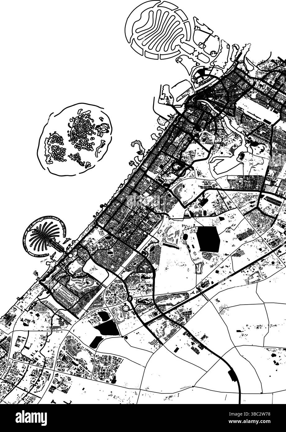 Mappa vettoriale della città di Dubai, Emirati Arabi Uniti: Strade e edifici in bianco e nero Illustrazione Vettoriale