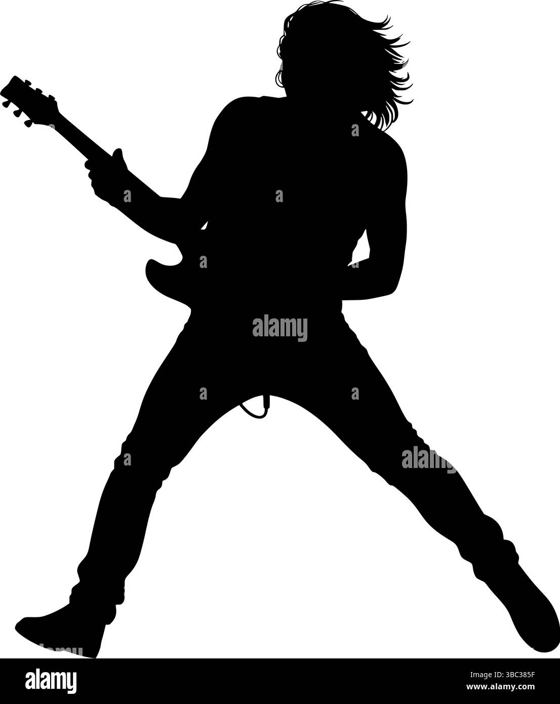 Energica silhouette chitarrista che salta con chitarra elettrica su sfondo trasparente Illustrazione Vettoriale
