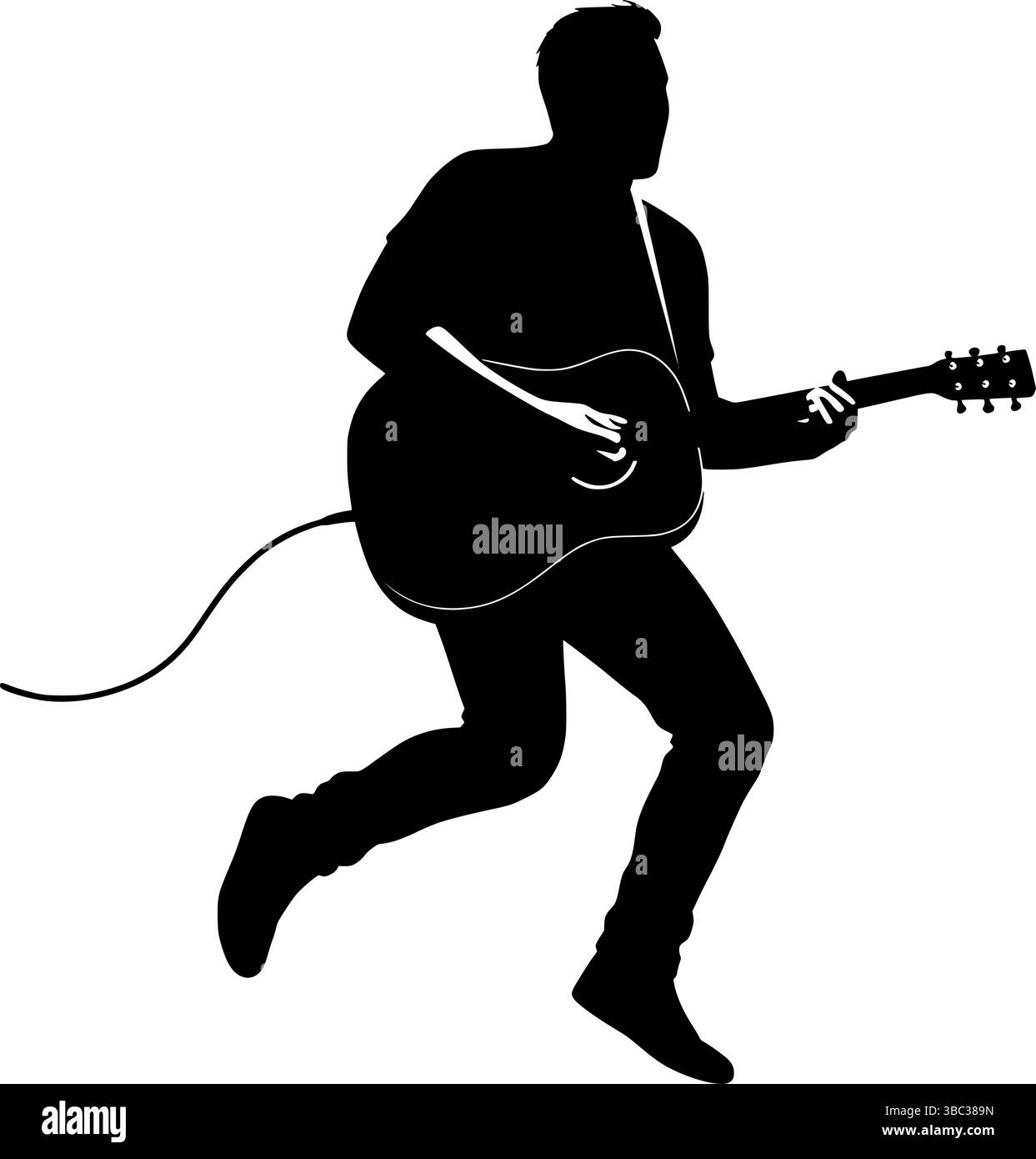 Energica silhouette chitarrista che salta con chitarra elettrica su sfondo trasparente Illustrazione Vettoriale