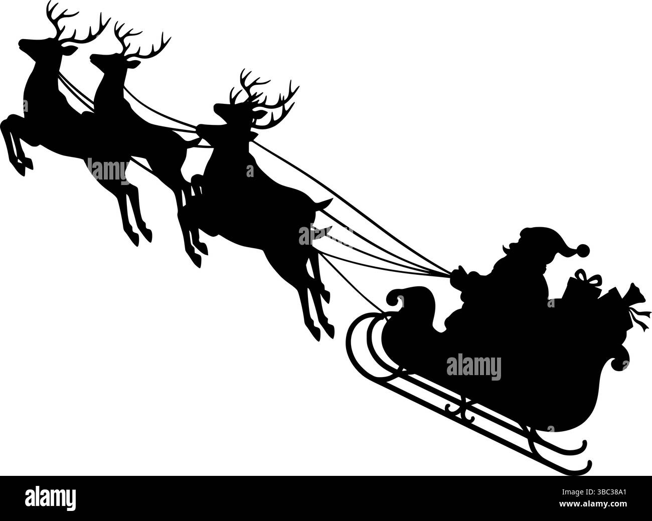 Babbo Natale su una slitta con trazione di renne è raffigurato in un'immagine vettoriale. L'ombra di Babbo Natale nella sua slitta Illustrazione Vettoriale