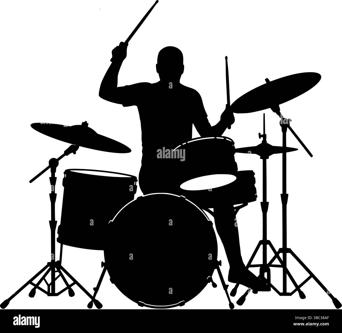 Spettacolare silhouette a percussione che si esibisce sul palco con retroilluminazione. Silhouette epica: Batterista in movimento sulle luci di scena. Illustrazione Vettoriale