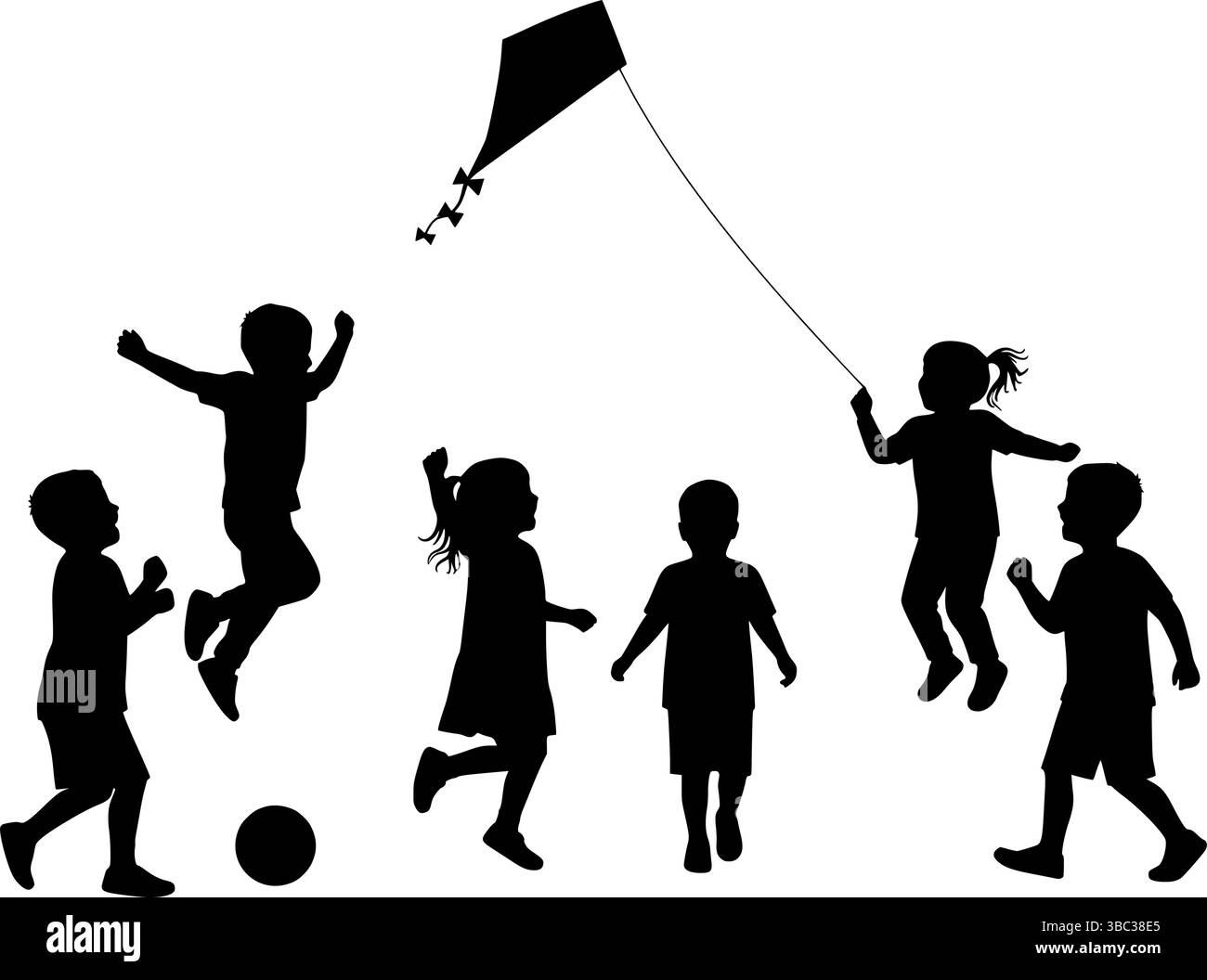 Bambini che giocano a silhouette. Silhouette di bambini che giocano all'aperto con aquiloni e palla: Momenti divertenti e gioiosi dell'infanzia Illustrazione Vettoriale