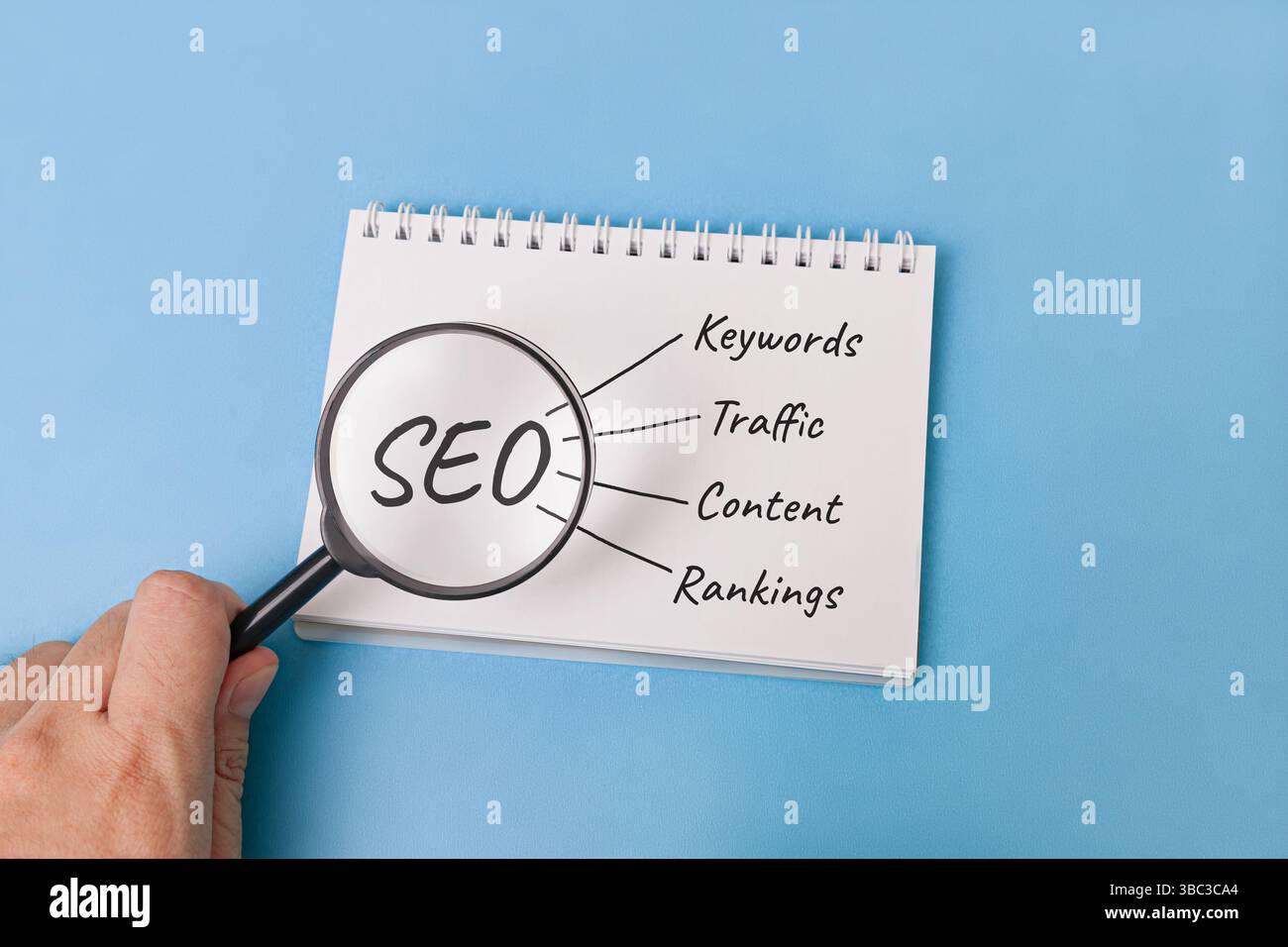 Una lente d'ingrandimento si concentra su "SEO" su un blocco note, con linee che indicano "parole chiave", "traffico", "contenuto" e "classifiche" che illustrano i componenti principali Foto Stock