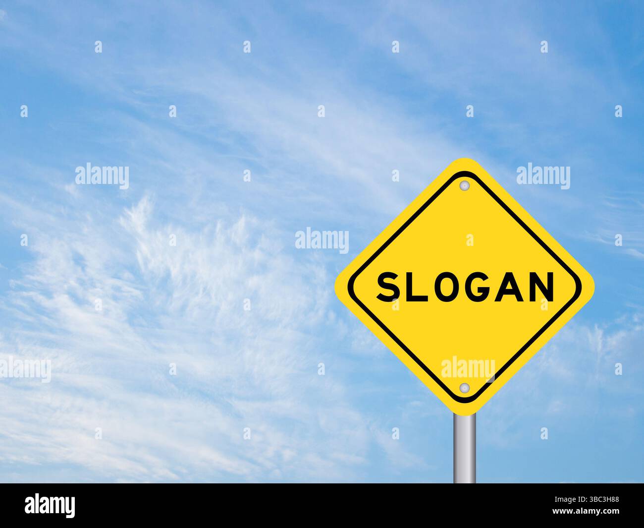 Cartello giallo per il trasporto con slogan di parola su sfondo blu del cielo Foto Stock