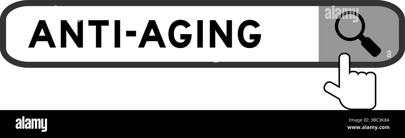 Cerca banner in parola anti-invecchiamento con icona a forma di lente di ingrandimento a mano su sfondo bianco Illustrazione Vettoriale